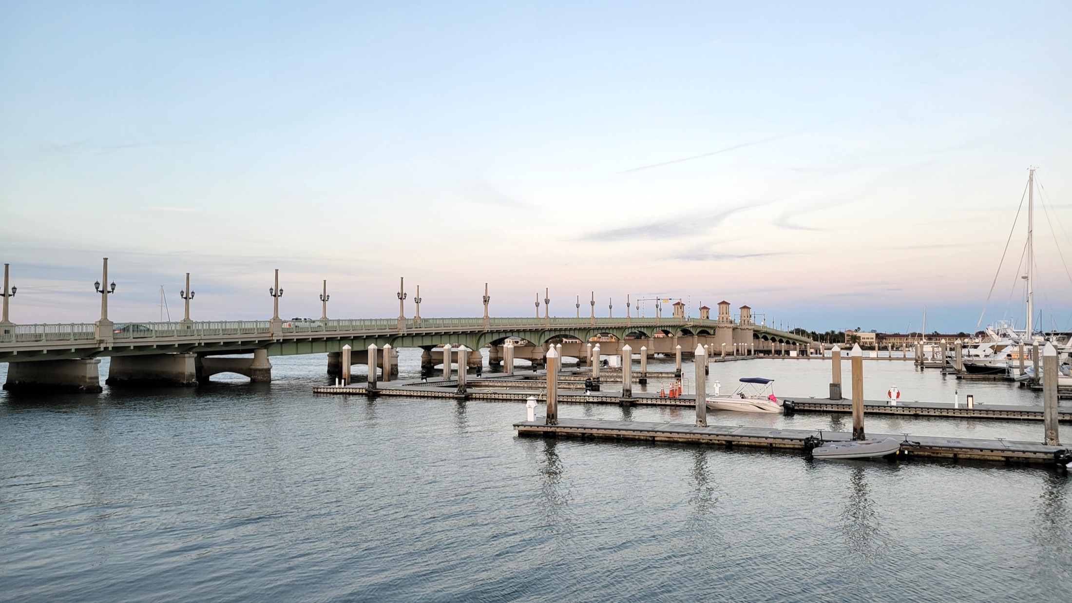 Bridge of Lions, boats, and Matanzas Bay viewed from the St. Augustine waterfront